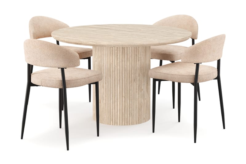 Kopparbo Rundt Spisebord 130cm Travertin-look med 4 stk Jairam Matstkolar - Beige - Møbler - Bord - Spisegrupper