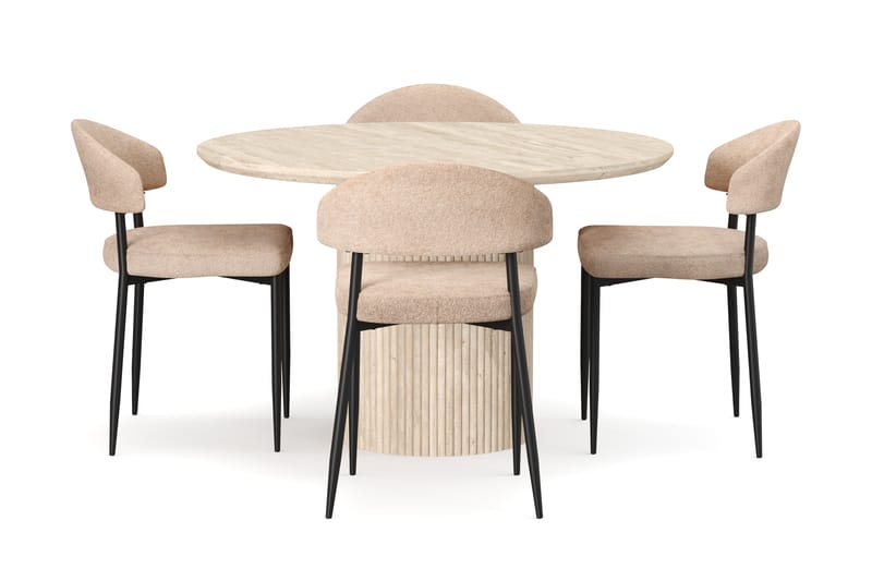 Kopparbo Rundt Spisebord 130cm Travertin-look med 4 stk Jairam Matstkolar - Beige - Møbler - Bord - Spisegrupper