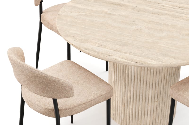 Kopparbo Rundt Spisebord 130cm Travertin-look med 4 stk Jairam Matstkolar - Beige - Møbler - Bord - Spisegrupper