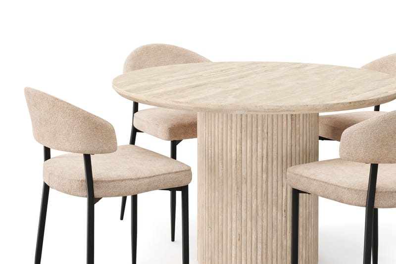 Kopparbo Rundt Spisebord 130cm Travertin-look med 4 stk Jairam Matstkolar - Beige - Møbler - Bord - Spisegrupper