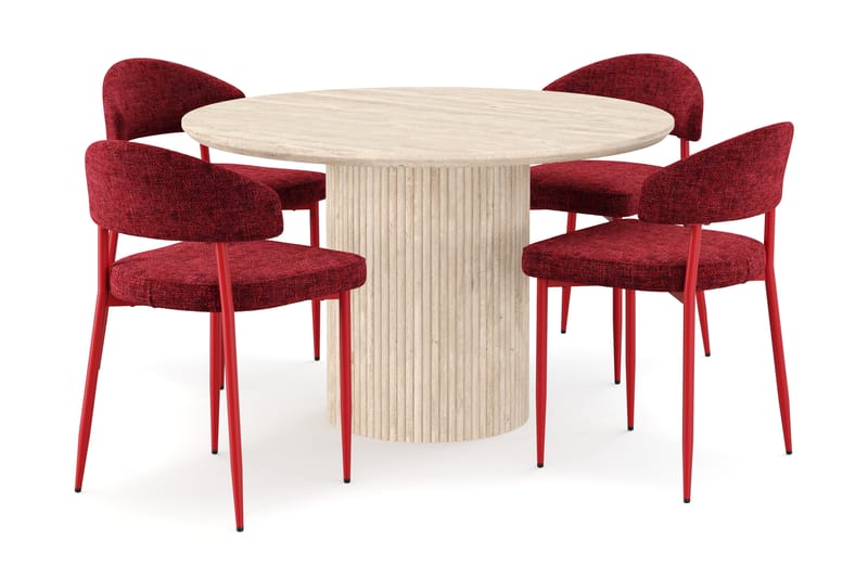 Kopparbo Rundt Spisebord 130cm Travertin-look med 4 stk Jairam Matstkolar - Beige - Møbler - Bord - Spisegrupper