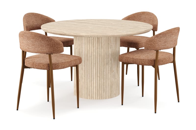 Kopparbo Rundt Spisebord 130cm Travertin-look med 4 stk Jairam Matstkolar - Beige - Møbler - Bord - Spisegrupper
