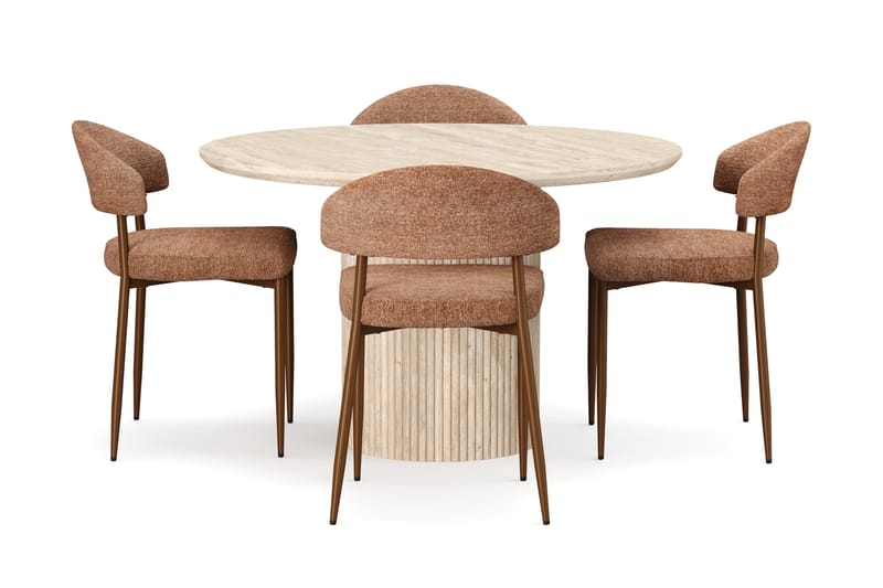Kopparbo Rundt Spisebord 130cm Travertin-look med 4 stk Jairam Matstkolar - Beige - Møbler - Bord - Spisegrupper