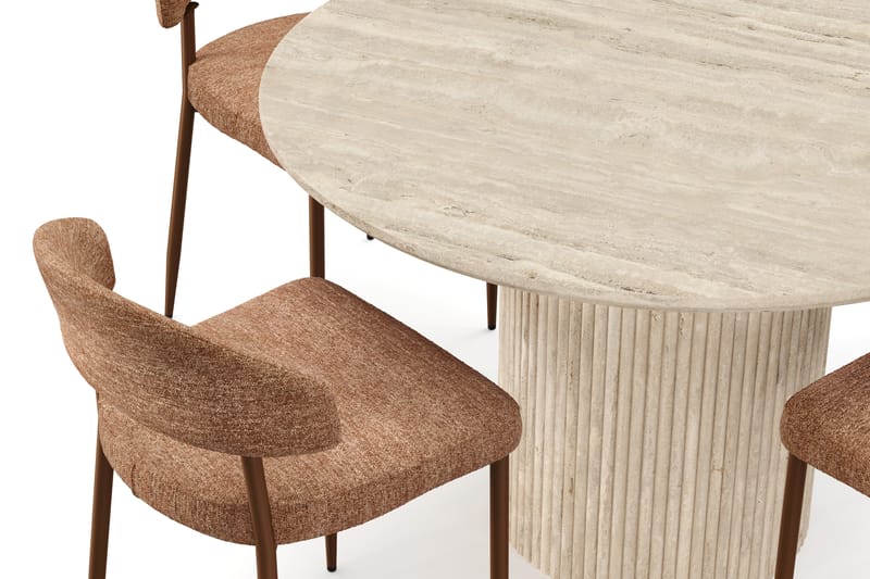 Kopparbo Rundt Spisebord 130cm Travertin-look med 4 stk Jairam Matstkolar - Beige - Møbler - Bord - Spisegrupper