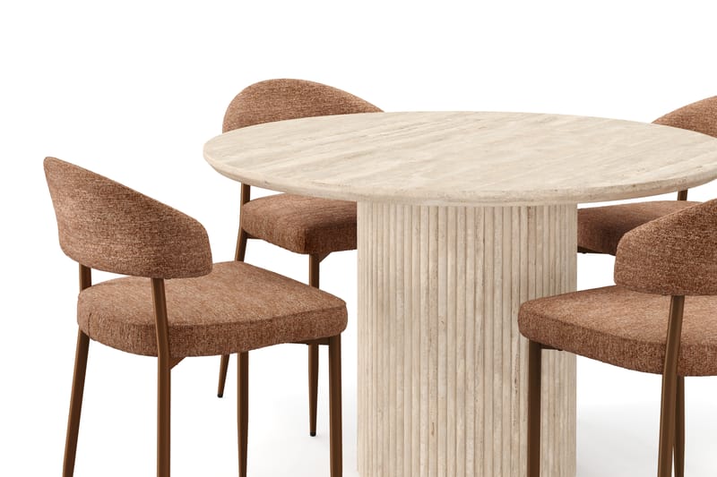 Kopparbo Rundt Spisebord 130cm Travertin-look med 4 stk Jairam Matstkolar - Beige - Møbler - Bord - Spisegrupper