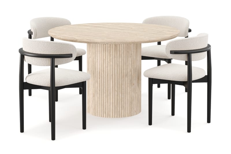 Kopparbo Rundt Spisebord 130cm Travertin-look med 4 stk Jaiveer Matstkolar - Beige - Møbler - Bord - Spisegrupper