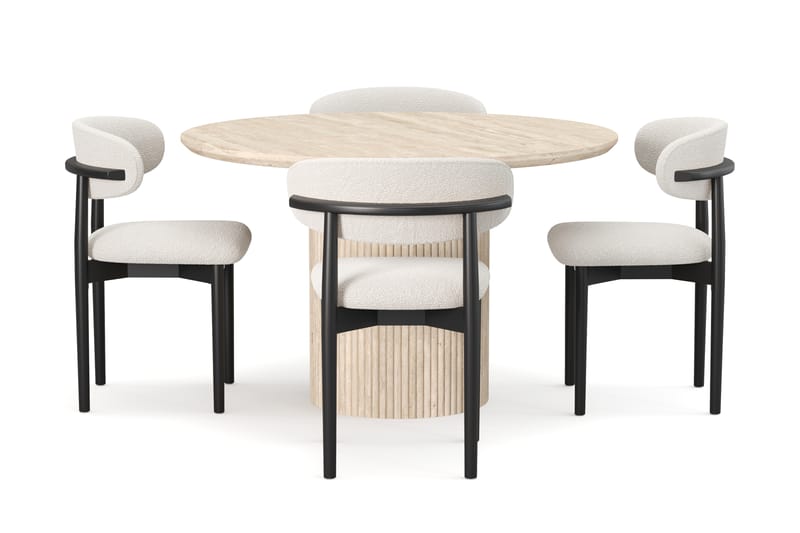 Kopparbo Rundt Spisebord 130cm Travertin-look med 4 stk Jaiveer Matstkolar - Beige - Møbler - Bord - Spisegrupper