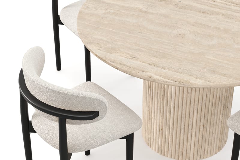 Kopparbo Rundt Spisebord 130cm Travertin-look med 4 stk Jaiveer Matstkolar - Beige - Møbler - Bord - Spisegrupper
