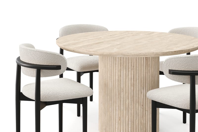 Kopparbo Rundt Spisebord 130cm Travertin-look med 4 stk Jaiveer Matstkolar - Beige - Møbler - Bord - Spisegrupper