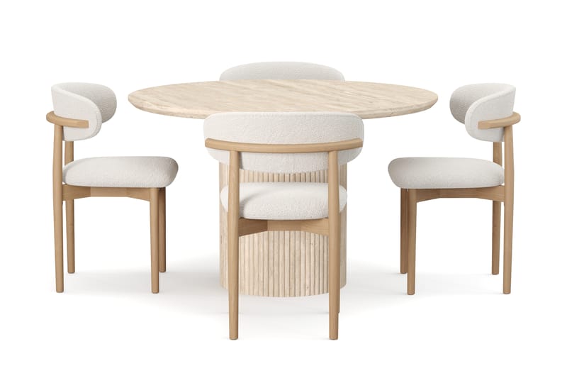 Kopparbo Rundt Spisebord 130cm Travertin-look med 4 stk Jaiveer Matstkolar - Beige - Møbler - Bord - Spisegrupper