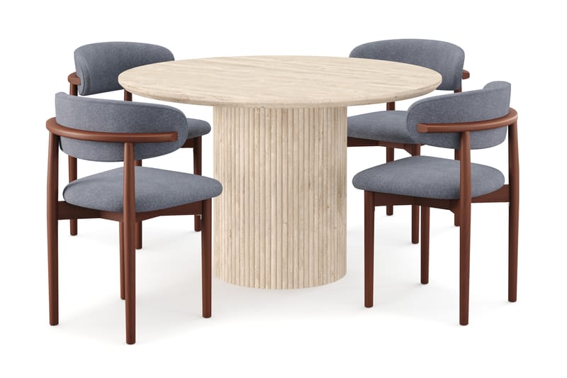 Kopparbo Rundt Spisebord 130cm Travertin-look med 4 stk Jaiveer Matstkolar - Beige - Møbler - Bord - Spisegrupper