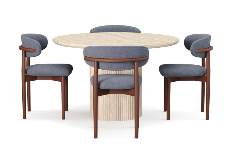 Kopparbo Rundt Spisebord 130cm Travertin-look med 4 stk Jaiveer Matstkolar - Beige - Møbler - Bord - Spisegrupper