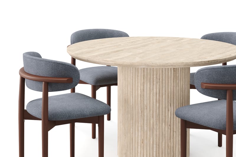 Kopparbo Rundt Spisebord 130cm Travertin-look med 4 stk Jaiveer Matstkolar - Beige - Møbler - Bord - Spisegrupper