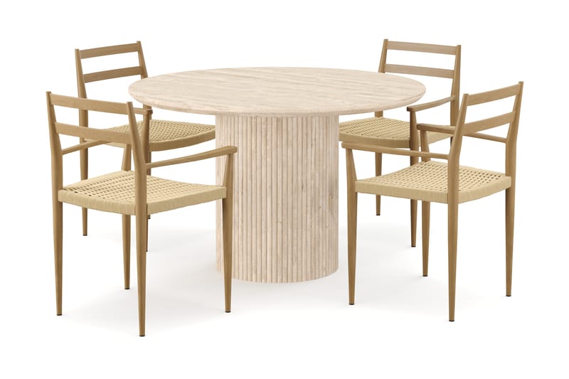 Kopparbo Rundt Spisebord 130cm Travertin-look med 4 stk Jamna Karmstkolar - Beige - Møbler - Bord - Spisegrupper