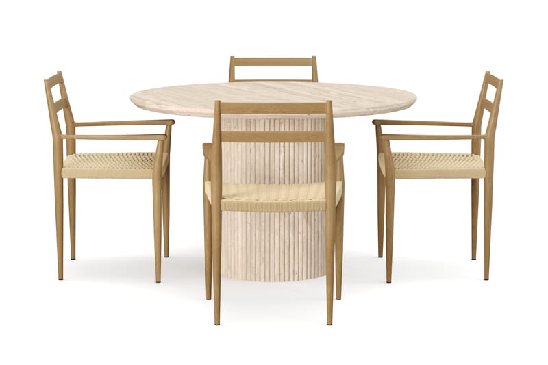 Kopparbo Rundt Spisebord 130cm Travertin-look med 4 stk Jamna Karmstkolar - Beige - Møbler - Bord - Spisegrupper