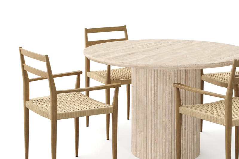 Kopparbo Rundt Spisebord 130cm Travertin-look med 4 stk Jamna Karmstkolar - Beige - Møbler - Bord - Spisegrupper