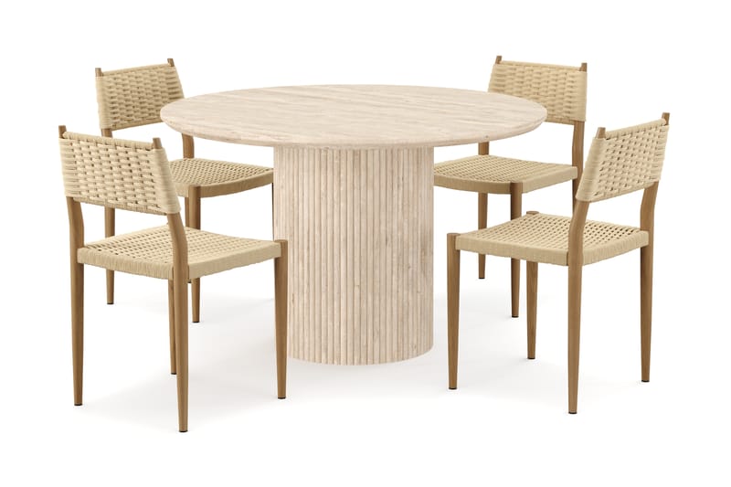 Kopparbo Rundt Spisebord 130cm Travertin-look med 4 stk Jamna Matstkolar - Beige - Møbler - Bord - Spisegrupper