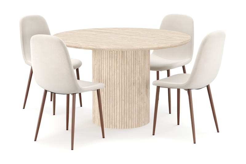 Kopparbo Rundt Spisebord 130cm Travertin-look med 4 stk Nibe Matstkolar - Beige - Møbler - Bord - Spisegrupper