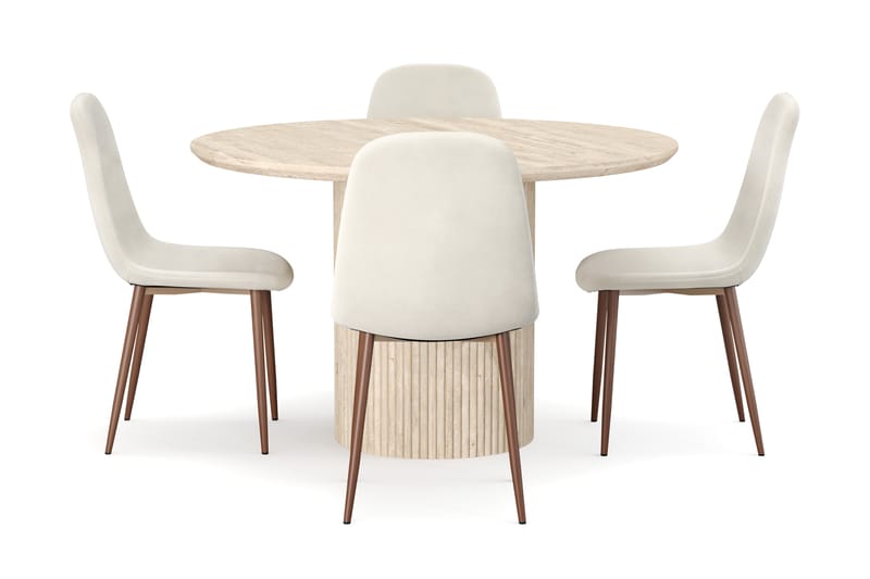 Kopparbo Rundt Spisebord 130cm Travertin-look med 4 stk Nibe Matstkolar - Beige - Møbler - Bord - Spisegrupper