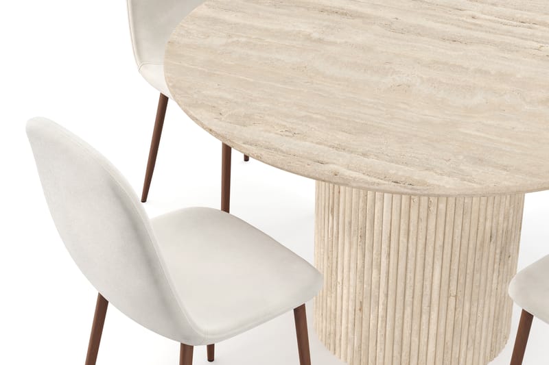 Kopparbo Rundt Spisebord 130cm Travertin-look med 4 stk Nibe Matstkolar - Beige - Møbler - Bord - Spisegrupper