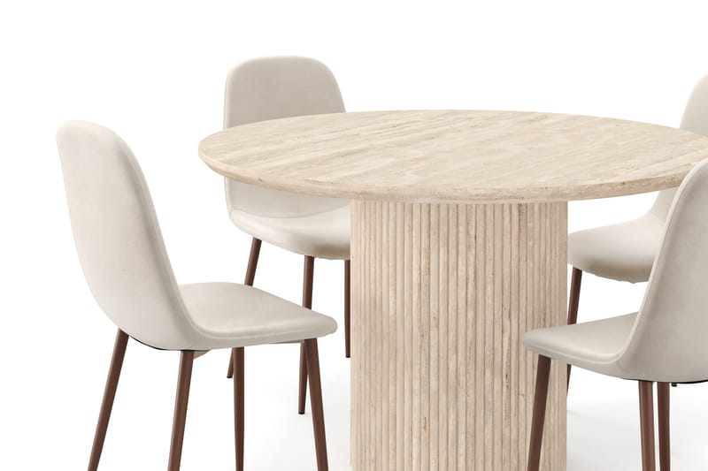 Kopparbo Rundt Spisebord 130cm Travertin-look med 4 stk Nibe Matstkolar - Beige - Møbler - Bord - Spisegrupper