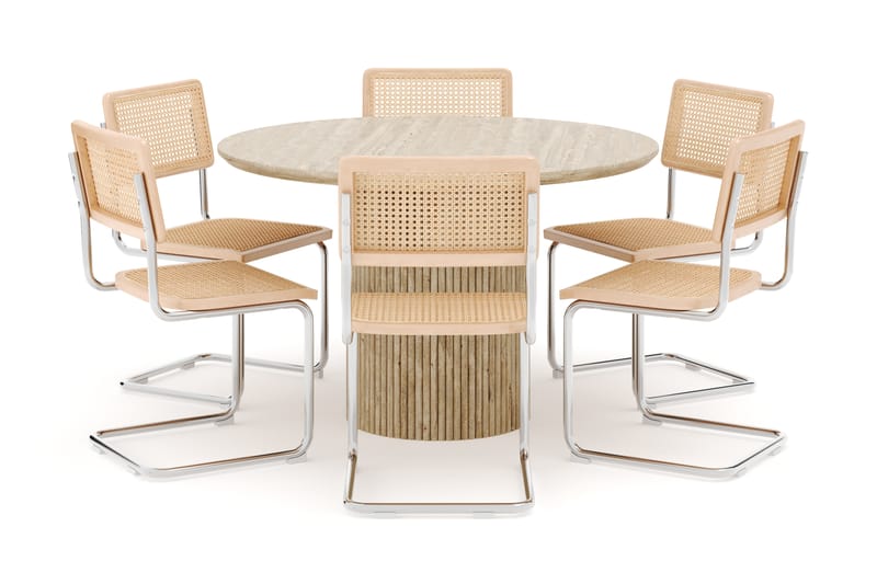 Kopparbo Rundt Spisebord 130cm Travertin-look med 6 stk Build Matstkolar - Beige - Møbler - Bord - Spisegrupper