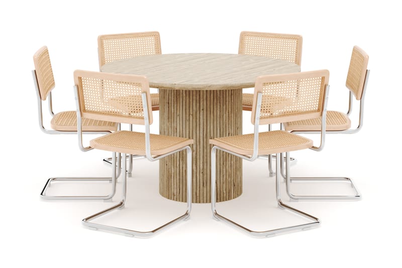 Kopparbo Rundt Spisebord 130cm Travertin-look med 6 stk Build Matstkolar - Beige - Møbler - Bord - Spisegrupper
