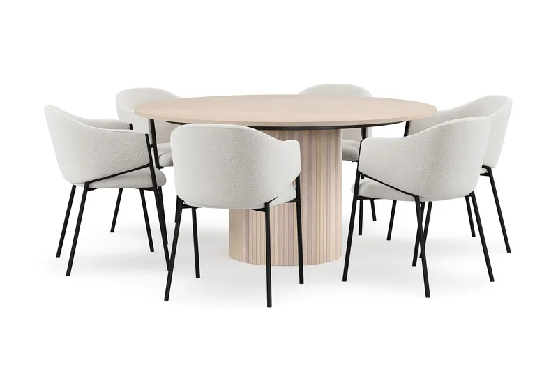 Kopparbo Rundt Spisebord 150 cm med 6 Filip Spisestoler, Hvit / Hvit Bouclé