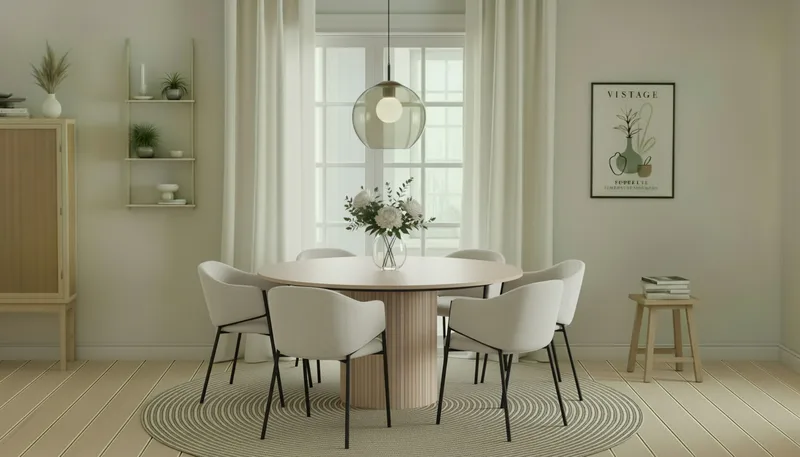 Kopparbo Rundt Spisebord 150 cm med 6 Filip Spisestoler - Hvit / Hvit Bouclé - Møbler - Bord - Spisegrupper