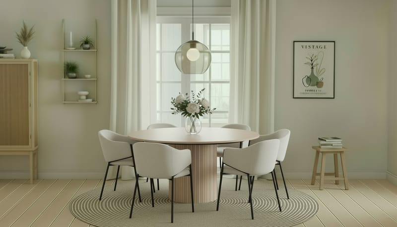 Kopparbo Rundt Spisebord 150 cm med 6 Filip Spisestoler - Hvit / Hvit Bouclé - Møbler - Bord - Spisegrupper