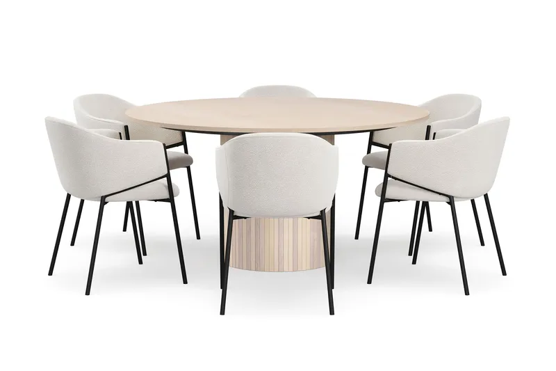 Kopparbo Rundt Spisebord 150 cm med 6 Filip Spisestoler - Hvit / Hvit Bouclé - Møbler - Bord - Spisegrupper
