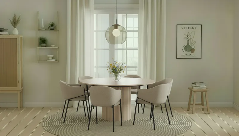 Kopparbo Rundt Spisebord 150 cm med 6 Filip Spisestoler - Hvit / Taupe Bouclé - Møbler - Bord - Spisegrupper