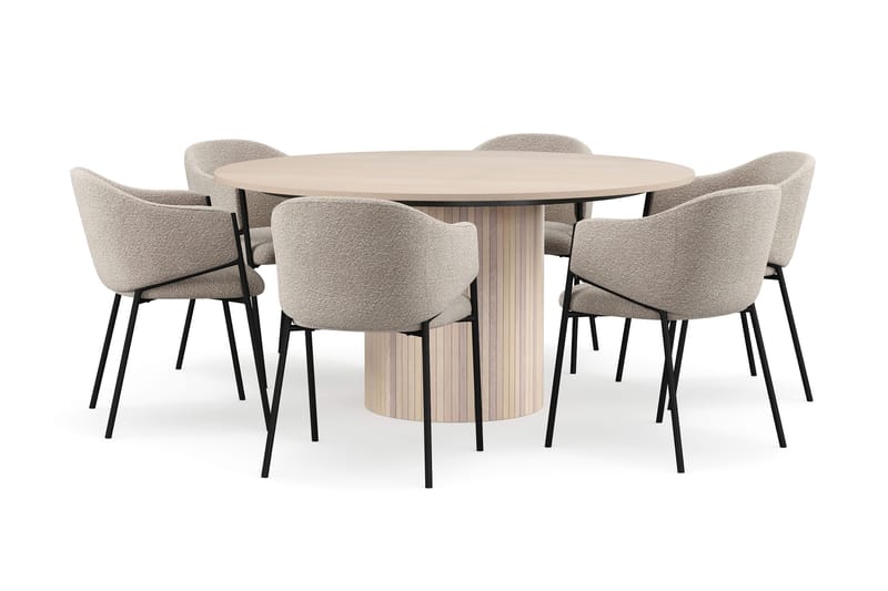 Kopparbo Rundt Spisebord 150 cm med 6 Filip Spisestoler, Hvit / Taupe Bouclé