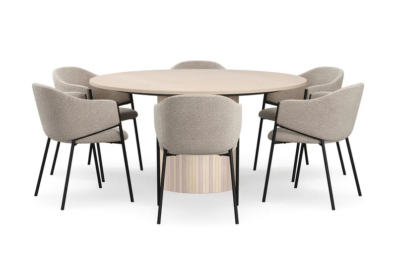 Kopparbo Rundt Spisebord 150 cm med 6 Filip Spisestoler - Hvit / Taupe Bouclé - Møbler - Bord - Spisegrupper