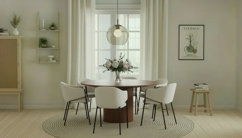 Kopparbo Rundt Spisebord 150 cm med 6 Filip Spisestoler - Valnøtt / Hvit Bouclé - Møbler - Bord - Spisegrupper