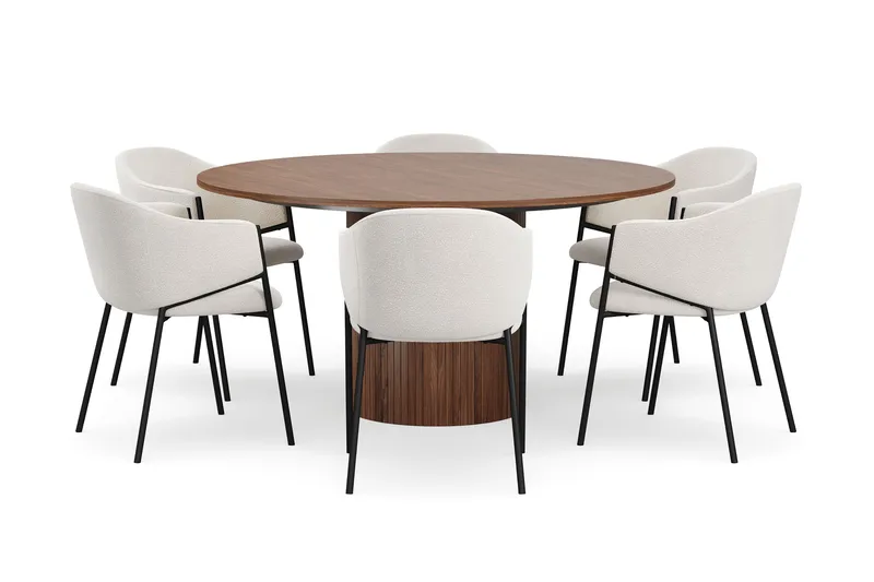 Kopparbo Rundt Spisebord 150 cm med 6 Filip Spisestoler - Valnøtt / Hvit Bouclé - Møbler - Bord - Spisegrupper