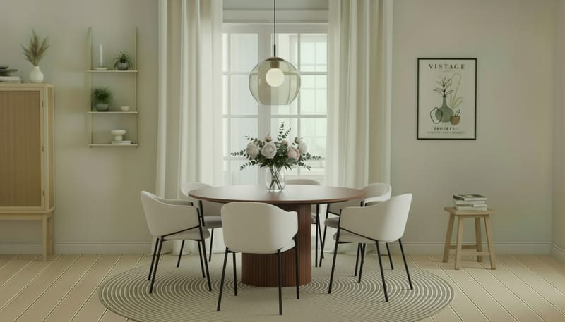 Kopparbo Rundt Spisebord 150 cm med 6 Filip Spisestoler - Valnøtt / Hvit Bouclé - Møbler - Bord - Spisegrupper