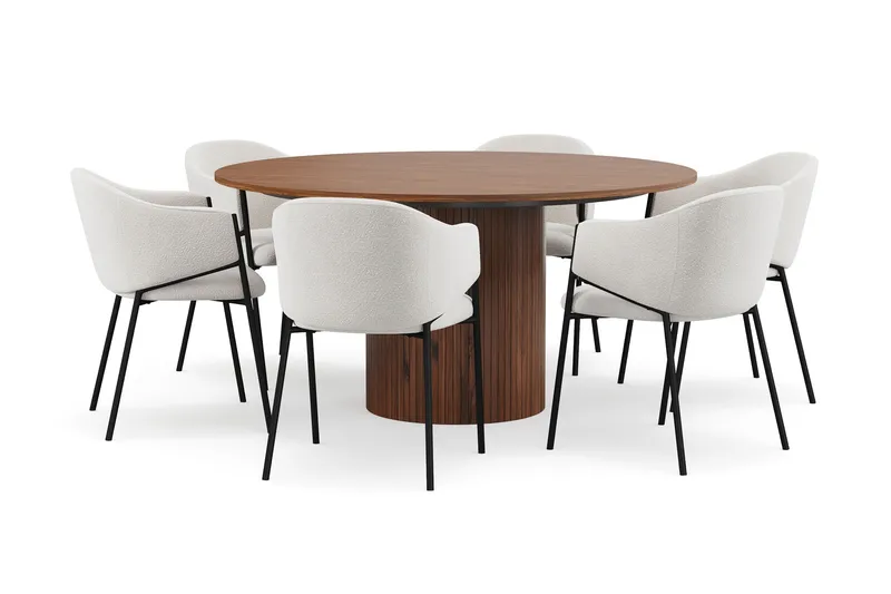 Kopparbo Rundt Spisebord 150 cm med 6 Filip Spisestoler, Valnøtt / Hvit Bouclé
