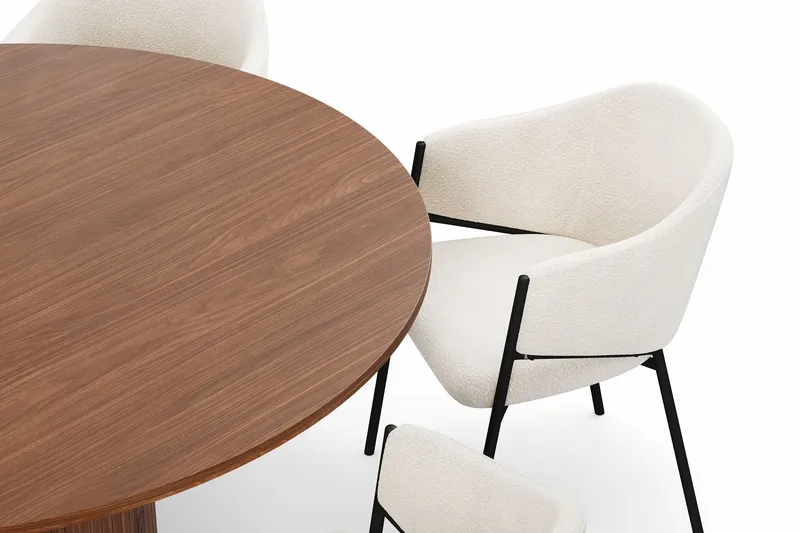 Kopparbo Rundt Spisebord 150 cm med 6 Filip Spisestoler - Valnøtt / Hvit Bouclé - Møbler - Bord - Spisegrupper