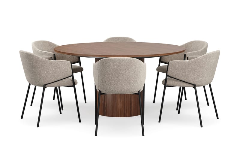 Kopparbo Rundt Spisebord 150 cm med 6 Filip Spisestoler - Valnøtt / Taupe Bouclé - Møbler - Bord - Spisegrupper