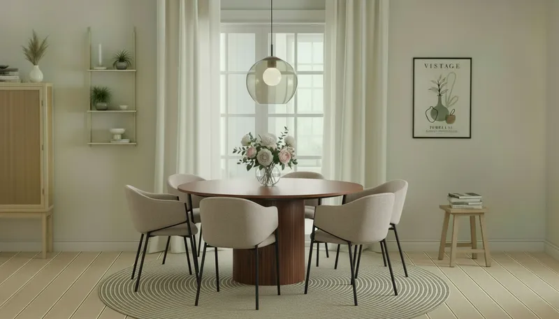 Kopparbo Rundt Spisebord 150 cm med 6 Filip Spisestoler - Valnøtt / Taupe Bouclé - Møbler - Bord - Spisegrupper