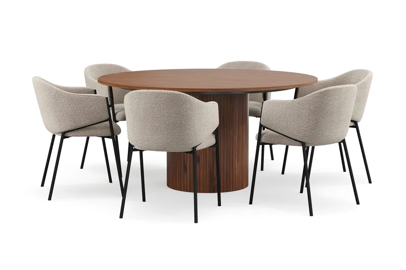 Kopparbo Rundt Spisebord 150 cm med 6 Filip Spisestoler - Valnøtt / Taupe Bouclé - Møbler - Bord - Spisegrupper