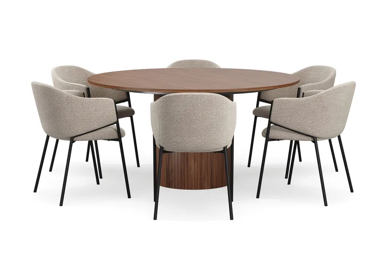 Kopparbo Rundt Spisebord 150 cm med 6 Filip Spisestoler - Valnøtt / Taupe Bouclé - Møbler - Bord - Spisegrupper