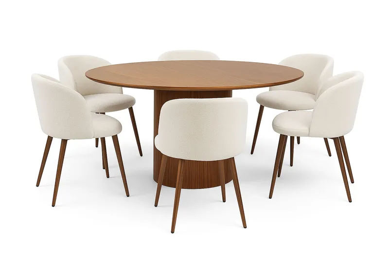 Kopparbo Rundt Spisebord 150 cm med 6 Greya Spisestoler med armlener, Valnøtt / Hvit Bouclé / Metallben Valnøtt