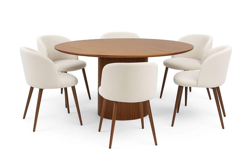 Kopparbo Rundt Spisebord 150 cm med 6 Greya Spisestoler med armlener, Valnøtt / Hvit Bouclé / Metallben Valnøtt