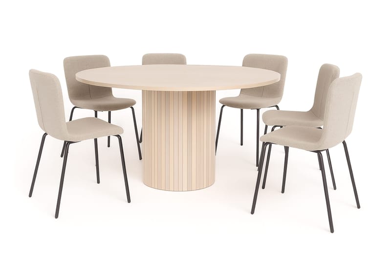 Kopparbo Rundt Spisebord 150 cm med 6 Katy Spisestoler, Hvit / Greige Bouclé / Metallben Svart