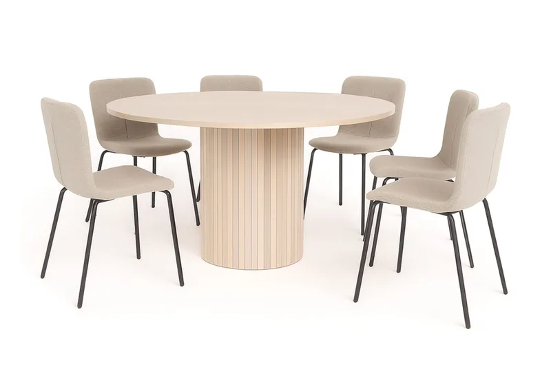 Kopparbo Rundt Spisebord 150 cm med 6 Katy Spisestoler, Hvit / Greige Bouclé / Metallben Svart