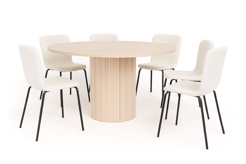 Kopparbo Rundt Spisebord 150 cm med 6 Katy Spisestoler, Hvit / Hvit Bouclé / Metallben Svart