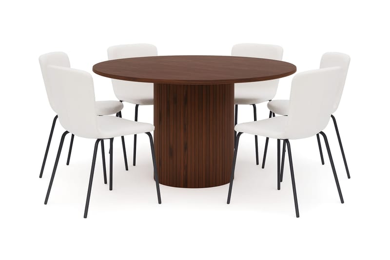 Kopparbo Rundt Spisebord 150 cm med 6 Katy Spisestoler, Valnøtt / Hvit Bouclé / Metallben Svart