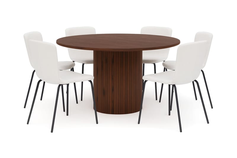 Kopparbo Rundt Spisebord 150 cm med 6 Katy Spisestoler, Valnøtt / Hvit Bouclé / Metallben Svart